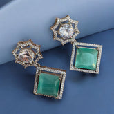 Elegant Green Cat-Eye and Diamond Geometric Earrings